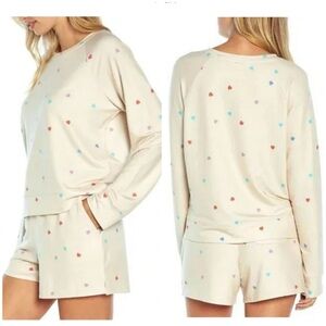 Wildfox Relaxed Fit Sweatshirt & Shorts Lounge Set in Oatmeal Hearts NWT [736]